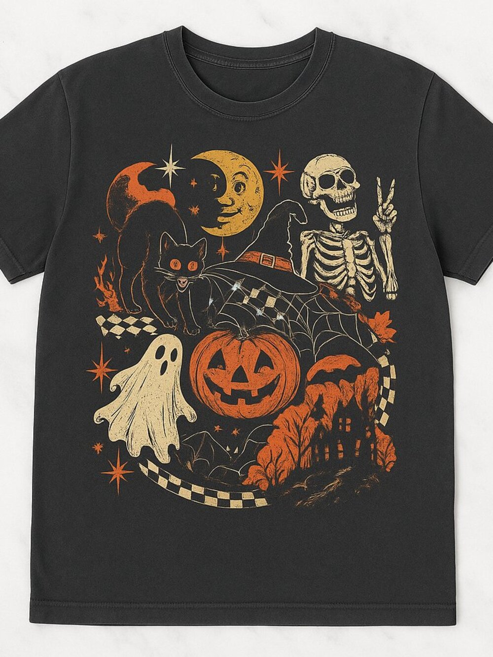 Retro Halloween Skeleton Cat Pumpkin Graphic Tee Black Vintage